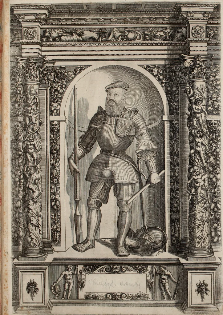 An illustration from Augustissimorum imperatorum, serenissimorum regum, atque archiducum, illustrissimorum principum, necnon comitum, baronum, nobilium, aliorumq[ue] clarissimorum virorum, qui aut ipsi cum imperio bellorum duces fuerunt, aut in iisdem præfecturis insignioribus laudabiliter functi sunt, verissimæ imagines, & rerum ab ipsis domi, forisq[ue] gestarum succinctæ descriptiones. Quorum arma, aut integra, aut horum partes, quibus induti, vsique aduersus hostem heroica facinora patrarunt, aut quorum auspiciis tàm prospera quàm aduersa fortuna res magnæ gestæ sunt, à serenissimo principe Ferdinando, archiduce Austriæ, duce Burgundiæ, comte Habspurgi & Tyrolis &c. ex omnibus ferè orbis terrarum prouinciis partim conquista, partim ab illorum hæredibus & successoribus transmissa, in celebri Ambrosianæ arcis armamentario, à sua serenitate non procul ciutate Oenipontana extructo, conspiciuntur, 1601, leaf 257