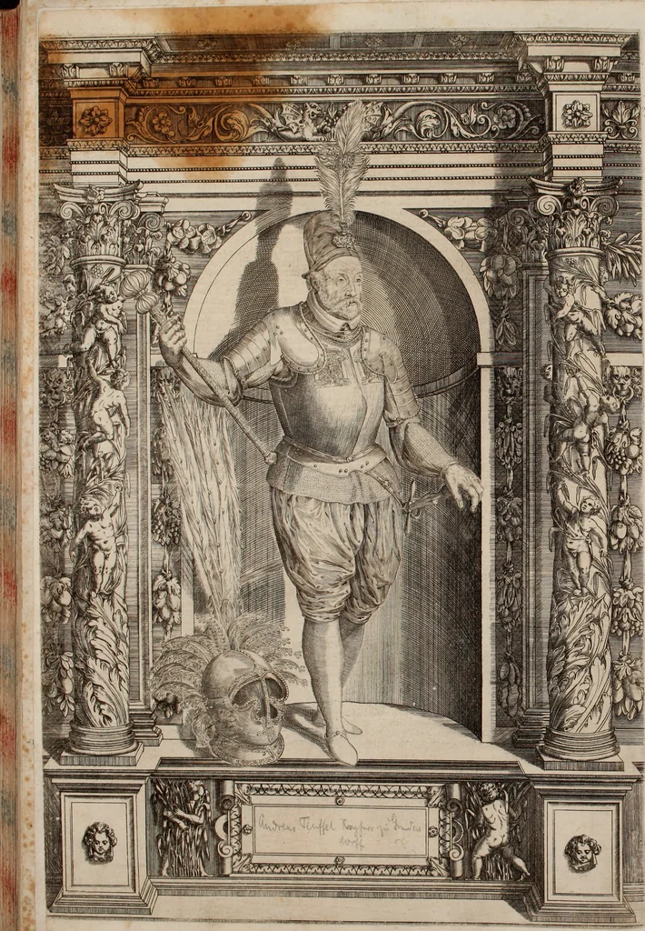 An illustration from Augustissimorum imperatorum, serenissimorum regum, atque archiducum, illustrissimorum principum, necnon comitum, baronum, nobilium, aliorumq[ue] clarissimorum virorum, qui aut ipsi cum imperio bellorum duces fuerunt, aut in iisdem præfecturis insignioribus laudabiliter functi sunt, verissimæ imagines, & rerum ab ipsis domi, forisq[ue] gestarum succinctæ descriptiones. Quorum arma, aut integra, aut horum partes, quibus induti, vsique aduersus hostem heroica facinora patrarunt, aut quorum auspiciis tàm prospera quàm aduersa fortuna res magnæ gestæ sunt, à serenissimo principe Ferdinando, archiduce Austriæ, duce Burgundiæ, comte Habspurgi & Tyrolis &c. ex omnibus ferè orbis terrarum prouinciis partim conquista, partim ab illorum hæredibus & successoribus transmissa, in celebri Ambrosianæ arcis armamentario, à sua serenitate non procul ciutate Oenipontana extructo, conspiciuntur, 1601, leaf 259