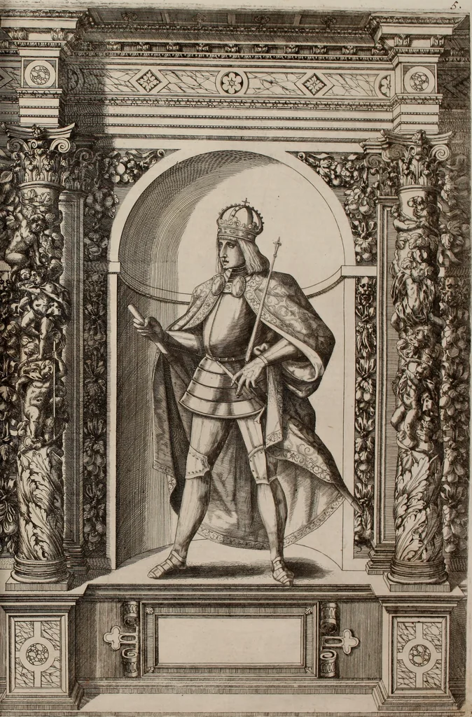 An illustration from Augustissimorum imperatorum, serenissimorum regum, atque archiducum, illustrissimorum principum, necnon comitum, baronum, nobilium, aliorumq[ue] clarissimorum virorum, qui aut ipsi cum imperio bellorum duces fuerunt, aut in iisdem præfecturis insignioribus laudabiliter functi sunt, verissimæ imagines, & rerum ab ipsis domi, forisq[ue] gestarum succinctæ descriptiones. Quorum arma, aut integra, aut horum partes, quibus induti, vsique aduersus hostem heroica facinora patrarunt, aut quorum auspiciis tàm prospera quàm aduersa fortuna res magnæ gestæ sunt, à serenissimo principe Ferdinando, archiduce Austriæ, duce Burgundiæ, comte Habspurgi & Tyrolis &c. ex omnibus ferè orbis terrarum prouinciis partim conquista, partim ab illorum hæredibus & successoribus transmissa, in celebri Ambrosianæ arcis armamentario, à sua serenitate non procul ciutate Oenipontana extructo, conspiciuntur, 1601, leaf 26