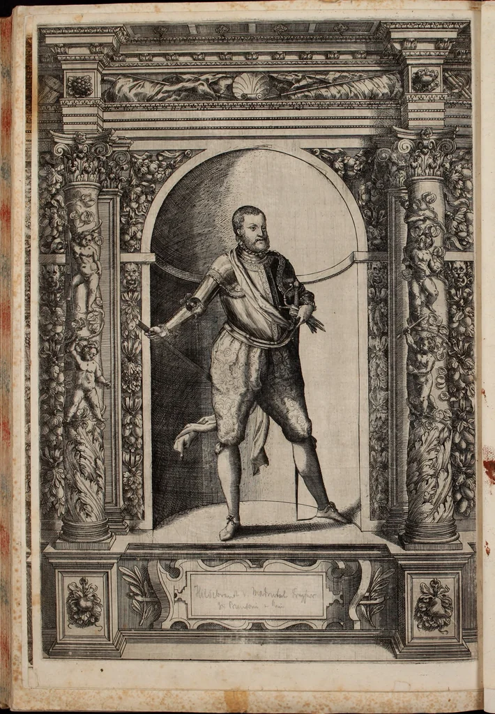 An illustration from Augustissimorum imperatorum, serenissimorum regum, atque archiducum, illustrissimorum principum, necnon comitum, baronum, nobilium, aliorumq[ue] clarissimorum virorum, qui aut ipsi cum imperio bellorum duces fuerunt, aut in iisdem præfecturis insignioribus laudabiliter functi sunt, verissimæ imagines, & rerum ab ipsis domi, forisq[ue] gestarum succinctæ descriptiones. Quorum arma, aut integra, aut horum partes, quibus induti, vsique aduersus hostem heroica facinora patrarunt, aut quorum auspiciis tàm prospera quàm aduersa fortuna res magnæ gestæ sunt, à serenissimo principe Ferdinando, archiduce Austriæ, duce Burgundiæ, comte Habspurgi & Tyrolis &c. ex omnibus ferè orbis terrarum prouinciis partim conquista, partim ab illorum hæredibus & successoribus transmissa, in celebri Ambrosianæ arcis armamentario, à sua serenitate non procul ciutate Oenipontana extructo, conspiciuntur, 1601, leaf 261