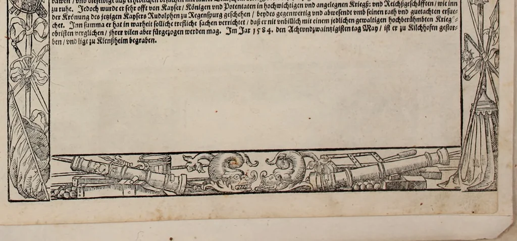 An illustration from Augustissimorum imperatorum, serenissimorum regum, atque archiducum, illustrissimorum principum, necnon comitum, baronum, nobilium, aliorumq[ue] clarissimorum virorum, qui aut ipsi cum imperio bellorum duces fuerunt, aut in iisdem præfecturis insignioribus laudabiliter functi sunt, verissimæ imagines, & rerum ab ipsis domi, forisq[ue] gestarum succinctæ descriptiones. Quorum arma, aut integra, aut horum partes, quibus induti, vsique aduersus hostem heroica facinora patrarunt, aut quorum auspiciis tàm prospera quàm aduersa fortuna res magnæ gestæ sunt, à serenissimo principe Ferdinando, archiduce Austriæ, duce Burgundiæ, comte Habspurgi & Tyrolis &c. ex omnibus ferè orbis terrarum prouinciis partim conquista, partim ab illorum hæredibus & successoribus transmissa, in celebri Ambrosianæ arcis armamentario, à sua serenitate non procul ciutate Oenipontana extructo, conspiciuntur, 1601, leaf 262