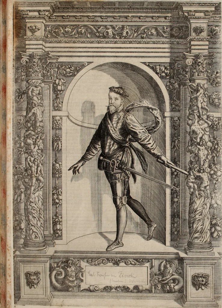 An illustration from Augustissimorum imperatorum, serenissimorum regum, atque archiducum, illustrissimorum principum, necnon comitum, baronum, nobilium, aliorumq[ue] clarissimorum virorum, qui aut ipsi cum imperio bellorum duces fuerunt, aut in iisdem præfecturis insignioribus laudabiliter functi sunt, verissimæ imagines, & rerum ab ipsis domi, forisq[ue] gestarum succinctæ descriptiones. Quorum arma, aut integra, aut horum partes, quibus induti, vsique aduersus hostem heroica facinora patrarunt, aut quorum auspiciis tàm prospera quàm aduersa fortuna res magnæ gestæ sunt, à serenissimo principe Ferdinando, archiduce Austriæ, duce Burgundiæ, comte Habspurgi & Tyrolis &c. ex omnibus ferè orbis terrarum prouinciis partim conquista, partim ab illorum hæredibus & successoribus transmissa, in celebri Ambrosianæ arcis armamentario, à sua serenitate non procul ciutate Oenipontana extructo, conspiciuntur, 1601, leaf 263