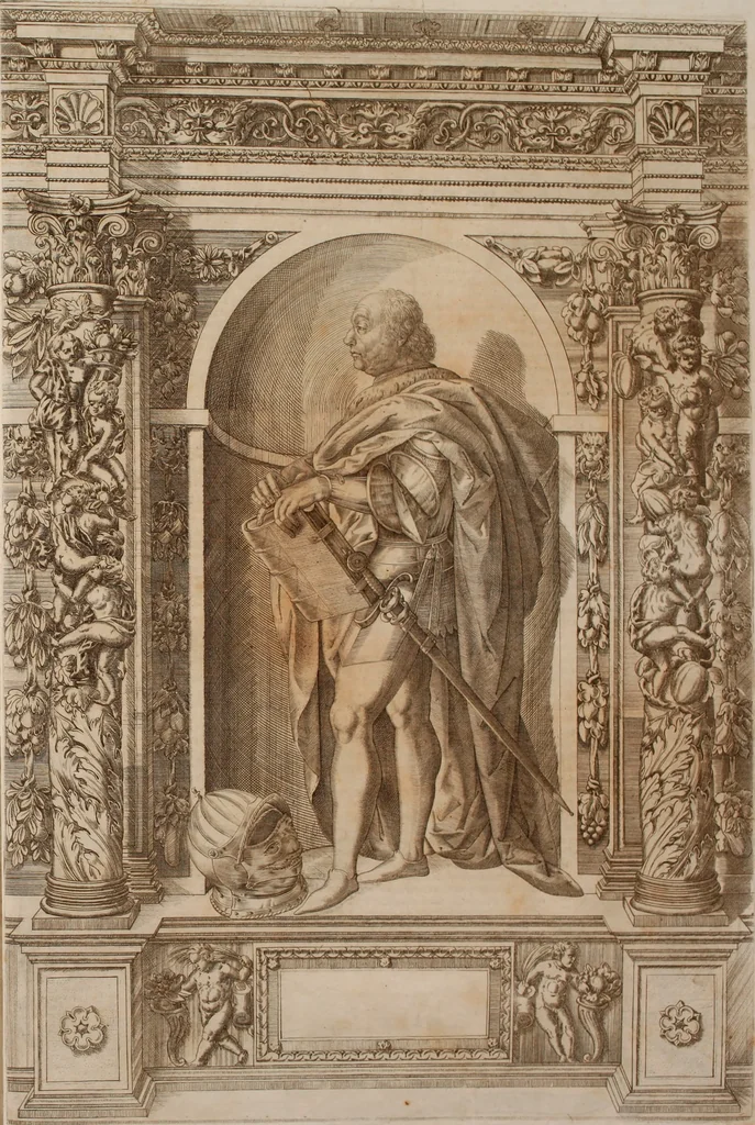 An illustration from Augustissimorum imperatorum, serenissimorum regum, atque archiducum, illustrissimorum principum, necnon comitum, baronum, nobilium, aliorumq[ue] clarissimorum virorum, qui aut ipsi cum imperio bellorum duces fuerunt, aut in iisdem præfecturis insignioribus laudabiliter functi sunt, verissimæ imagines, & rerum ab ipsis domi, forisq[ue] gestarum succinctæ descriptiones. Quorum arma, aut integra, aut horum partes, quibus induti, vsique aduersus hostem heroica facinora patrarunt, aut quorum auspiciis tàm prospera quàm aduersa fortuna res magnæ gestæ sunt, à serenissimo principe Ferdinando, archiduce Austriæ, duce Burgundiæ, comte Habspurgi & Tyrolis &c. ex omnibus ferè orbis terrarum prouinciis partim conquista, partim ab illorum hæredibus & successoribus transmissa, in celebri Ambrosianæ arcis armamentario, à sua serenitate non procul ciutate Oenipontana extructo, conspiciuntur, 1601, leaf 264