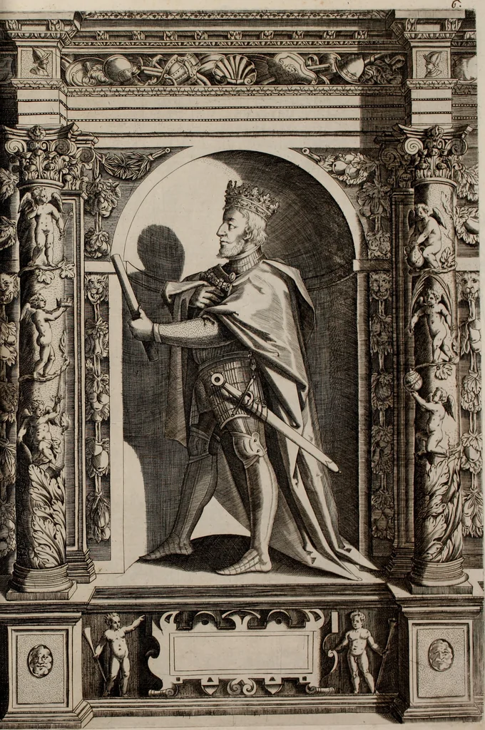 An illustration from Augustissimorum imperatorum, serenissimorum regum, atque archiducum, illustrissimorum principum, necnon comitum, baronum, nobilium, aliorumq[ue] clarissimorum virorum, qui aut ipsi cum imperio bellorum duces fuerunt, aut in iisdem præfecturis insignioribus laudabiliter functi sunt, verissimæ imagines, & rerum ab ipsis domi, forisq[ue] gestarum succinctæ descriptiones. Quorum arma, aut integra, aut horum partes, quibus induti, vsique aduersus hostem heroica facinora patrarunt, aut quorum auspiciis tàm prospera quàm aduersa fortuna res magnæ gestæ sunt, à serenissimo principe Ferdinando, archiduce Austriæ, duce Burgundiæ, comte Habspurgi & Tyrolis &c. ex omnibus ferè orbis terrarum prouinciis partim conquista, partim ab illorum hæredibus & successoribus transmissa, in celebri Ambrosianæ arcis armamentario, à sua serenitate non procul ciutate Oenipontana extructo, conspiciuntur, 1601, leaf 28