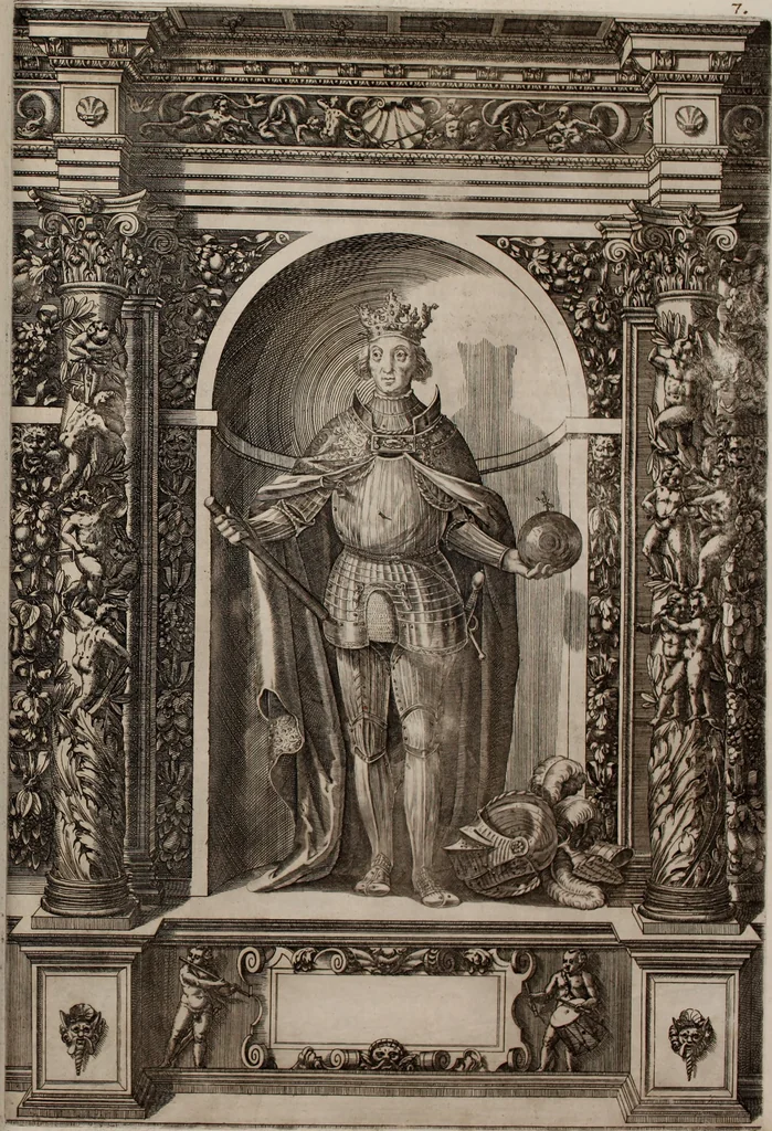 An illustration from Augustissimorum imperatorum, serenissimorum regum, atque archiducum, illustrissimorum principum, necnon comitum, baronum, nobilium, aliorumq[ue] clarissimorum virorum, qui aut ipsi cum imperio bellorum duces fuerunt, aut in iisdem præfecturis insignioribus laudabiliter functi sunt, verissimæ imagines, & rerum ab ipsis domi, forisq[ue] gestarum succinctæ descriptiones. Quorum arma, aut integra, aut horum partes, quibus induti, vsique aduersus hostem heroica facinora patrarunt, aut quorum auspiciis tàm prospera quàm aduersa fortuna res magnæ gestæ sunt, à serenissimo principe Ferdinando, archiduce Austriæ, duce Burgundiæ, comte Habspurgi & Tyrolis &c. ex omnibus ferè orbis terrarum prouinciis partim conquista, partim ab illorum hæredibus & successoribus transmissa, in celebri Ambrosianæ arcis armamentario, à sua serenitate non procul ciutate Oenipontana extructo, conspiciuntur, 1601, leaf 30