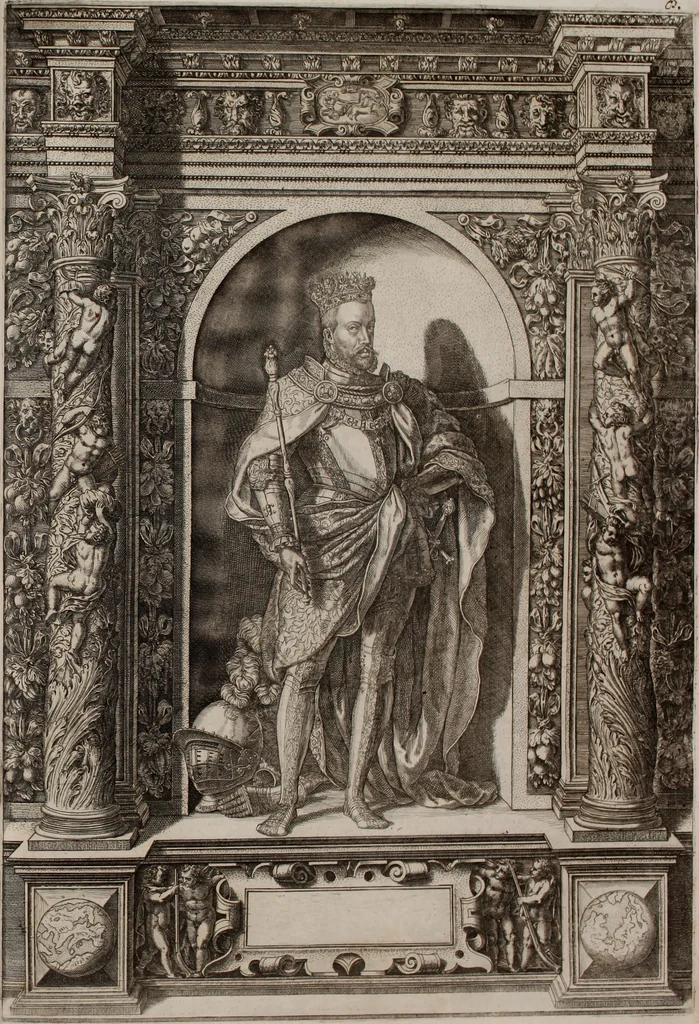 An illustration from Augustissimorum imperatorum, serenissimorum regum, atque archiducum, illustrissimorum principum, necnon comitum, baronum, nobilium, aliorumq[ue] clarissimorum virorum, qui aut ipsi cum imperio bellorum duces fuerunt, aut in iisdem præfecturis insignioribus laudabiliter functi sunt, verissimæ imagines, & rerum ab ipsis domi, forisq[ue] gestarum succinctæ descriptiones. Quorum arma, aut integra, aut horum partes, quibus induti, vsique aduersus hostem heroica facinora patrarunt, aut quorum auspiciis tàm prospera quàm aduersa fortuna res magnæ gestæ sunt, à serenissimo principe Ferdinando, archiduce Austriæ, duce Burgundiæ, comte Habspurgi & Tyrolis &c. ex omnibus ferè orbis terrarum prouinciis partim conquista, partim ab illorum hæredibus & successoribus transmissa, in celebri Ambrosianæ arcis armamentario, à sua serenitate non procul ciutate Oenipontana extructo, conspiciuntur, 1601, leaf 32