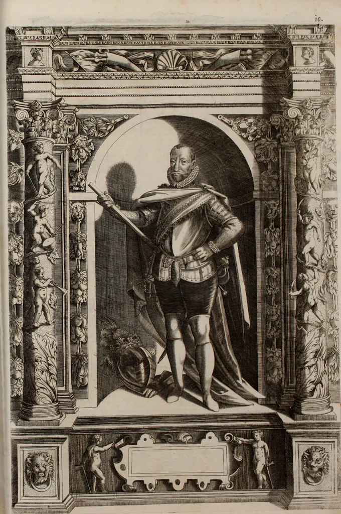 An illustration from Augustissimorum imperatorum, serenissimorum regum, atque archiducum, illustrissimorum principum, necnon comitum, baronum, nobilium, aliorumq[ue] clarissimorum virorum, qui aut ipsi cum imperio bellorum duces fuerunt, aut in iisdem præfecturis insignioribus laudabiliter functi sunt, verissimæ imagines, & rerum ab ipsis domi, forisq[ue] gestarum succinctæ descriptiones. Quorum arma, aut integra, aut horum partes, quibus induti, vsique aduersus hostem heroica facinora patrarunt, aut quorum auspiciis tàm prospera quàm aduersa fortuna res magnæ gestæ sunt, à serenissimo principe Ferdinando, archiduce Austriæ, duce Burgundiæ, comte Habspurgi & Tyrolis &c. ex omnibus ferè orbis terrarum prouinciis partim conquista, partim ab illorum hæredibus & successoribus transmissa, in celebri Ambrosianæ arcis armamentario, à sua serenitate non procul ciutate Oenipontana extructo, conspiciuntur, 1601, leaf 36