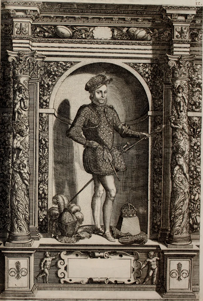 An illustration from Augustissimorum imperatorum, serenissimorum regum, atque archiducum, illustrissimorum principum, necnon comitum, baronum, nobilium, aliorumq[ue] clarissimorum virorum, qui aut ipsi cum imperio bellorum duces fuerunt, aut in iisdem præfecturis insignioribus laudabiliter functi sunt, verissimæ imagines, & rerum ab ipsis domi, forisq[ue] gestarum succinctæ descriptiones. Quorum arma, aut integra, aut horum partes, quibus induti, vsique aduersus hostem heroica facinora patrarunt, aut quorum auspiciis tàm prospera quàm aduersa fortuna res magnæ gestæ sunt, à serenissimo principe Ferdinando, archiduce Austriæ, duce Burgundiæ, comte Habspurgi & Tyrolis &c. ex omnibus ferè orbis terrarum prouinciis partim conquista, partim ab illorum hæredibus & successoribus transmissa, in celebri Ambrosianæ arcis armamentario, à sua serenitate non procul ciutate Oenipontana extructo, conspiciuntur, 1601, leaf 40