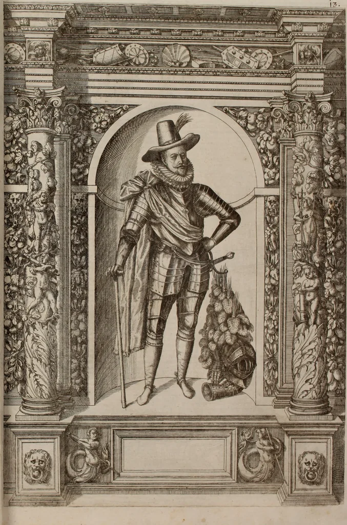 An illustration from Augustissimorum imperatorum, serenissimorum regum, atque archiducum, illustrissimorum principum, necnon comitum, baronum, nobilium, aliorumq[ue] clarissimorum virorum, qui aut ipsi cum imperio bellorum duces fuerunt, aut in iisdem præfecturis insignioribus laudabiliter functi sunt, verissimæ imagines, & rerum ab ipsis domi, forisq[ue] gestarum succinctæ descriptiones. Quorum arma, aut integra, aut horum partes, quibus induti, vsique aduersus hostem heroica facinora patrarunt, aut quorum auspiciis tàm prospera quàm aduersa fortuna res magnæ gestæ sunt, à serenissimo principe Ferdinando, archiduce Austriæ, duce Burgundiæ, comte Habspurgi & Tyrolis &c. ex omnibus ferè orbis terrarum prouinciis partim conquista, partim ab illorum hæredibus & successoribus transmissa, in celebri Ambrosianæ arcis armamentario, à sua serenitate non procul ciutate Oenipontana extructo, conspiciuntur, 1601, leaf 42
