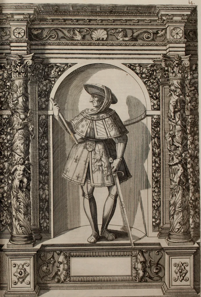 An illustration from Augustissimorum imperatorum, serenissimorum regum, atque archiducum, illustrissimorum principum, necnon comitum, baronum, nobilium, aliorumq[ue] clarissimorum virorum, qui aut ipsi cum imperio bellorum duces fuerunt, aut in iisdem præfecturis insignioribus laudabiliter functi sunt, verissimæ imagines, & rerum ab ipsis domi, forisq[ue] gestarum succinctæ descriptiones. Quorum arma, aut integra, aut horum partes, quibus induti, vsique aduersus hostem heroica facinora patrarunt, aut quorum auspiciis tàm prospera quàm aduersa fortuna res magnæ gestæ sunt, à serenissimo principe Ferdinando, archiduce Austriæ, duce Burgundiæ, comte Habspurgi & Tyrolis &c. ex omnibus ferè orbis terrarum prouinciis partim conquista, partim ab illorum hæredibus & successoribus transmissa, in celebri Ambrosianæ arcis armamentario, à sua serenitate non procul ciutate Oenipontana extructo, conspiciuntur, 1601, leaf 44