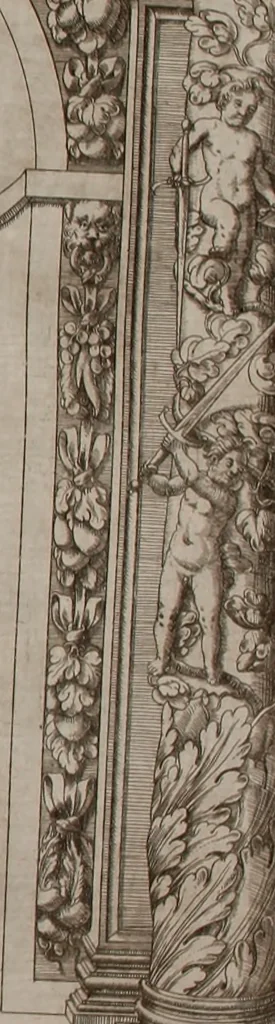 An illustration from Augustissimorum imperatorum, serenissimorum regum, atque archiducum, illustrissimorum principum, necnon comitum, baronum, nobilium, aliorumq[ue] clarissimorum virorum, qui aut ipsi cum imperio bellorum duces fuerunt, aut in iisdem præfecturis insignioribus laudabiliter functi sunt, verissimæ imagines, & rerum ab ipsis domi, forisq[ue] gestarum succinctæ descriptiones. Quorum arma, aut integra, aut horum partes, quibus induti, vsique aduersus hostem heroica facinora patrarunt, aut quorum auspiciis tàm prospera quàm aduersa fortuna res magnæ gestæ sunt, à serenissimo principe Ferdinando, archiduce Austriæ, duce Burgundiæ, comte Habspurgi & Tyrolis &c. ex omnibus ferè orbis terrarum prouinciis partim conquista, partim ab illorum hæredibus & successoribus transmissa, in celebri Ambrosianæ arcis armamentario, à sua serenitate non procul ciutate Oenipontana extructo, conspiciuntur, 1601, leaf 46