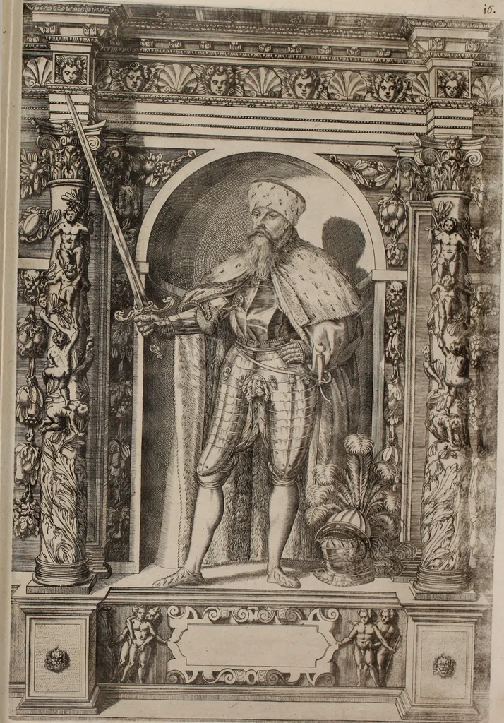 An illustration from Augustissimorum imperatorum, serenissimorum regum, atque archiducum, illustrissimorum principum, necnon comitum, baronum, nobilium, aliorumq[ue] clarissimorum virorum, qui aut ipsi cum imperio bellorum duces fuerunt, aut in iisdem præfecturis insignioribus laudabiliter functi sunt, verissimæ imagines, & rerum ab ipsis domi, forisq[ue] gestarum succinctæ descriptiones. Quorum arma, aut integra, aut horum partes, quibus induti, vsique aduersus hostem heroica facinora patrarunt, aut quorum auspiciis tàm prospera quàm aduersa fortuna res magnæ gestæ sunt, à serenissimo principe Ferdinando, archiduce Austriæ, duce Burgundiæ, comte Habspurgi & Tyrolis &c. ex omnibus ferè orbis terrarum prouinciis partim conquista, partim ab illorum hæredibus & successoribus transmissa, in celebri Ambrosianæ arcis armamentario, à sua serenitate non procul ciutate Oenipontana extructo, conspiciuntur, 1601, leaf 48