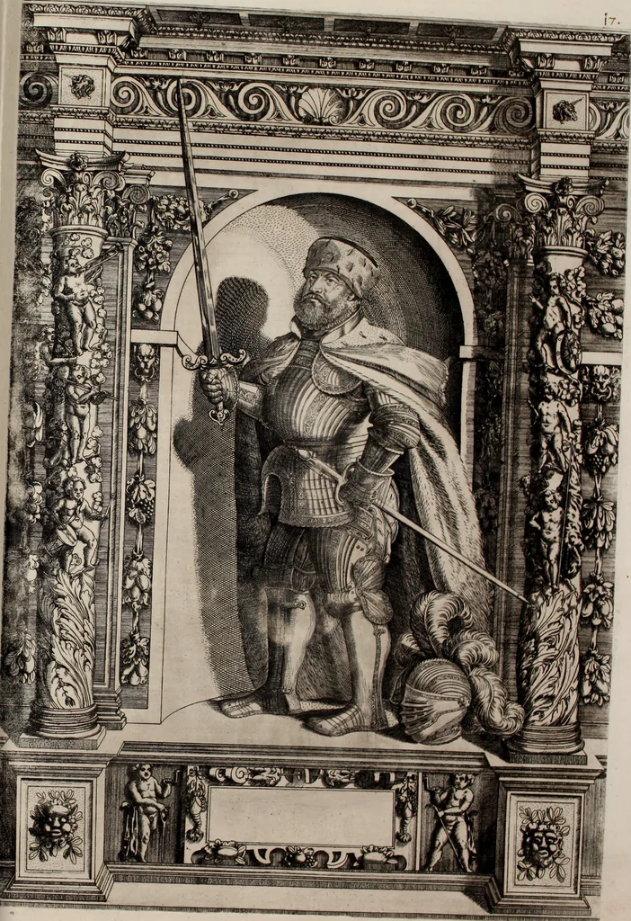 An illustration from Augustissimorum imperatorum, serenissimorum regum, atque archiducum, illustrissimorum principum, necnon comitum, baronum, nobilium, aliorumq[ue] clarissimorum virorum, qui aut ipsi cum imperio bellorum duces fuerunt, aut in iisdem præfecturis insignioribus laudabiliter functi sunt, verissimæ imagines, & rerum ab ipsis domi, forisq[ue] gestarum succinctæ descriptiones. Quorum arma, aut integra, aut horum partes, quibus induti, vsique aduersus hostem heroica facinora patrarunt, aut quorum auspiciis tàm prospera quàm aduersa fortuna res magnæ gestæ sunt, à serenissimo principe Ferdinando, archiduce Austriæ, duce Burgundiæ, comte Habspurgi & Tyrolis &c. ex omnibus ferè orbis terrarum prouinciis partim conquista, partim ab illorum hæredibus & successoribus transmissa, in celebri Ambrosianæ arcis armamentario, à sua serenitate non procul ciutate Oenipontana extructo, conspiciuntur, 1601, leaf 50
