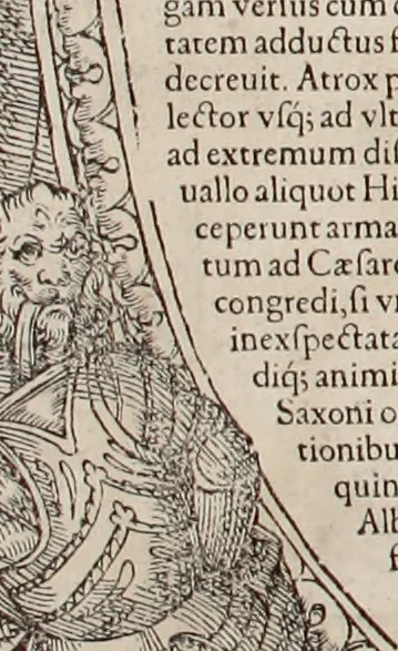 An illustration from Augustissimorum imperatorum, serenissimorum regum, atque archiducum, illustrissimorum principum, necnon comitum, baronum, nobilium, aliorumq[ue] clarissimorum virorum, qui aut ipsi cum imperio bellorum duces fuerunt, aut in iisdem præfecturis insignioribus laudabiliter functi sunt, verissimæ imagines, & rerum ab ipsis domi, forisq[ue] gestarum succinctæ descriptiones. Quorum arma, aut integra, aut horum partes, quibus induti, vsique aduersus hostem heroica facinora patrarunt, aut quorum auspiciis tàm prospera quàm aduersa fortuna res magnæ gestæ sunt, à serenissimo principe Ferdinando, archiduce Austriæ, duce Burgundiæ, comte Habspurgi & Tyrolis &c. ex omnibus ferè orbis terrarum prouinciis partim conquista, partim ab illorum hæredibus & successoribus transmissa, in celebri Ambrosianæ arcis armamentario, à sua serenitate non procul ciutate Oenipontana extructo, conspiciuntur, 1601, leaf 51