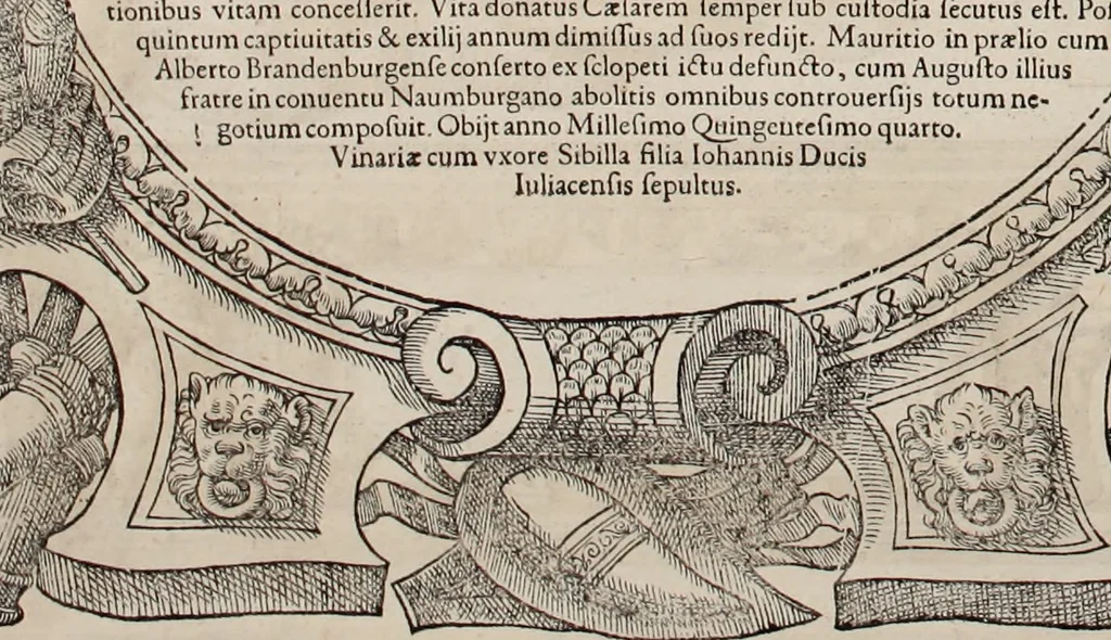 An illustration from Augustissimorum imperatorum, serenissimorum regum, atque archiducum, illustrissimorum principum, necnon comitum, baronum, nobilium, aliorumq[ue] clarissimorum virorum, qui aut ipsi cum imperio bellorum duces fuerunt, aut in iisdem præfecturis insignioribus laudabiliter functi sunt, verissimæ imagines, & rerum ab ipsis domi, forisq[ue] gestarum succinctæ descriptiones. Quorum arma, aut integra, aut horum partes, quibus induti, vsique aduersus hostem heroica facinora patrarunt, aut quorum auspiciis tàm prospera quàm aduersa fortuna res magnæ gestæ sunt, à serenissimo principe Ferdinando, archiduce Austriæ, duce Burgundiæ, comte Habspurgi & Tyrolis &c. ex omnibus ferè orbis terrarum prouinciis partim conquista, partim ab illorum hæredibus & successoribus transmissa, in celebri Ambrosianæ arcis armamentario, à sua serenitate non procul ciutate Oenipontana extructo, conspiciuntur, 1601, leaf 51