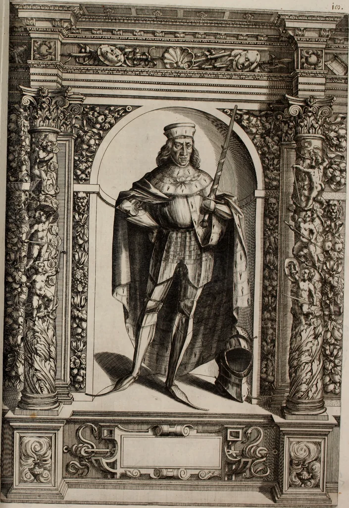 An illustration from Augustissimorum imperatorum, serenissimorum regum, atque archiducum, illustrissimorum principum, necnon comitum, baronum, nobilium, aliorumq[ue] clarissimorum virorum, qui aut ipsi cum imperio bellorum duces fuerunt, aut in iisdem præfecturis insignioribus laudabiliter functi sunt, verissimæ imagines, & rerum ab ipsis domi, forisq[ue] gestarum succinctæ descriptiones. Quorum arma, aut integra, aut horum partes, quibus induti, vsique aduersus hostem heroica facinora patrarunt, aut quorum auspiciis tàm prospera quàm aduersa fortuna res magnæ gestæ sunt, à serenissimo principe Ferdinando, archiduce Austriæ, duce Burgundiæ, comte Habspurgi & Tyrolis &c. ex omnibus ferè orbis terrarum prouinciis partim conquista, partim ab illorum hæredibus & successoribus transmissa, in celebri Ambrosianæ arcis armamentario, à sua serenitate non procul ciutate Oenipontana extructo, conspiciuntur, 1601, leaf 52