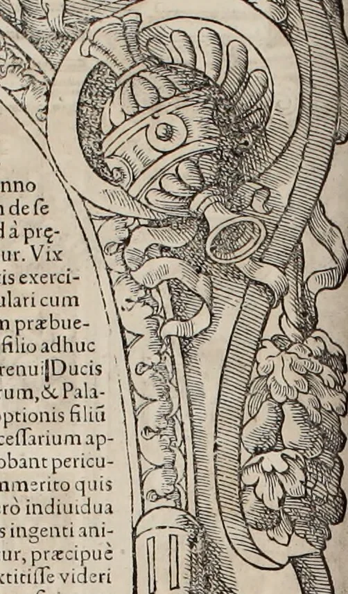 An illustration from Augustissimorum imperatorum, serenissimorum regum, atque archiducum, illustrissimorum principum, necnon comitum, baronum, nobilium, aliorumq[ue] clarissimorum virorum, qui aut ipsi cum imperio bellorum duces fuerunt, aut in iisdem præfecturis insignioribus laudabiliter functi sunt, verissimæ imagines, & rerum ab ipsis domi, forisq[ue] gestarum succinctæ descriptiones. Quorum arma, aut integra, aut horum partes, quibus induti, vsique aduersus hostem heroica facinora patrarunt, aut quorum auspiciis tàm prospera quàm aduersa fortuna res magnæ gestæ sunt, à serenissimo principe Ferdinando, archiduce Austriæ, duce Burgundiæ, comte Habspurgi & Tyrolis &c. ex omnibus ferè orbis terrarum prouinciis partim conquista, partim ab illorum hæredibus & successoribus transmissa, in celebri Ambrosianæ arcis armamentario, à sua serenitate non procul ciutate Oenipontana extructo, conspiciuntur, 1601, leaf 53