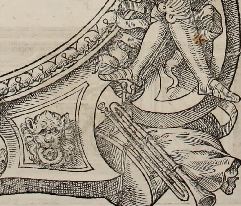 An illustration from Augustissimorum imperatorum, serenissimorum regum, atque archiducum, illustrissimorum principum, necnon comitum, baronum, nobilium, aliorumq[ue] clarissimorum virorum, qui aut ipsi cum imperio bellorum duces fuerunt, aut in iisdem præfecturis insignioribus laudabiliter functi sunt, verissimæ imagines, & rerum ab ipsis domi, forisq[ue] gestarum succinctæ descriptiones. Quorum arma, aut integra, aut horum partes, quibus induti, vsique aduersus hostem heroica facinora patrarunt, aut quorum auspiciis tàm prospera quàm aduersa fortuna res magnæ gestæ sunt, à serenissimo principe Ferdinando, archiduce Austriæ, duce Burgundiæ, comte Habspurgi & Tyrolis &c. ex omnibus ferè orbis terrarum prouinciis partim conquista, partim ab illorum hæredibus & successoribus transmissa, in celebri Ambrosianæ arcis armamentario, à sua serenitate non procul ciutate Oenipontana extructo, conspiciuntur, 1601, leaf 53
