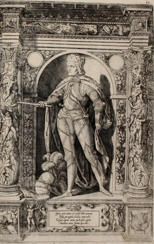 An illustration from Augustissimorum imperatorum, serenissimorum regum, atque archiducum, illustrissimorum principum, necnon comitum, baronum, nobilium, aliorumq[ue] clarissimorum virorum, qui aut ipsi cum imperio bellorum duces fuerunt, aut in iisdem præfecturis insignioribus laudabiliter functi sunt, verissimæ imagines, & rerum ab ipsis domi, forisq[ue] gestarum succinctæ descriptiones. Quorum arma, aut integra, aut horum partes, quibus induti, vsique aduersus hostem heroica facinora patrarunt, aut quorum auspiciis tàm prospera quàm aduersa fortuna res magnæ gestæ sunt, à serenissimo principe Ferdinando, archiduce Austriæ, duce Burgundiæ, comte Habspurgi & Tyrolis &c. ex omnibus ferè orbis terrarum prouinciis partim conquista, partim ab illorum hæredibus & successoribus transmissa, in celebri Ambrosianæ arcis armamentario, à sua serenitate non procul ciutate Oenipontana extructo, conspiciuntur, 1601, leaf 54