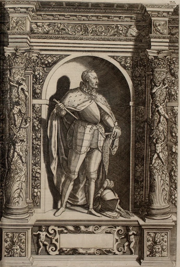 An illustration from Augustissimorum imperatorum, serenissimorum regum, atque archiducum, illustrissimorum principum, necnon comitum, baronum, nobilium, aliorumq[ue] clarissimorum virorum, qui aut ipsi cum imperio bellorum duces fuerunt, aut in iisdem præfecturis insignioribus laudabiliter functi sunt, verissimæ imagines, & rerum ab ipsis domi, forisq[ue] gestarum succinctæ descriptiones. Quorum arma, aut integra, aut horum partes, quibus induti, vsique aduersus hostem heroica facinora patrarunt, aut quorum auspiciis tàm prospera quàm aduersa fortuna res magnæ gestæ sunt, à serenissimo principe Ferdinando, archiduce Austriæ, duce Burgundiæ, comte Habspurgi & Tyrolis &c. ex omnibus ferè orbis terrarum prouinciis partim conquista, partim ab illorum hæredibus & successoribus transmissa, in celebri Ambrosianæ arcis armamentario, à sua serenitate non procul ciutate Oenipontana extructo, conspiciuntur, 1601, leaf 56