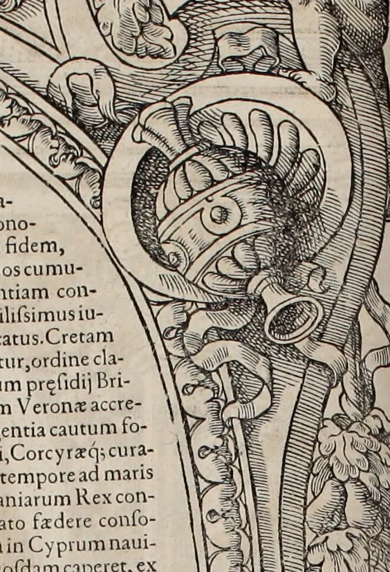 An illustration from Augustissimorum imperatorum, serenissimorum regum, atque archiducum, illustrissimorum principum, necnon comitum, baronum, nobilium, aliorumq[ue] clarissimorum virorum, qui aut ipsi cum imperio bellorum duces fuerunt, aut in iisdem præfecturis insignioribus laudabiliter functi sunt, verissimæ imagines, & rerum ab ipsis domi, forisq[ue] gestarum succinctæ descriptiones. Quorum arma, aut integra, aut horum partes, quibus induti, vsique aduersus hostem heroica facinora patrarunt, aut quorum auspiciis tàm prospera quàm aduersa fortuna res magnæ gestæ sunt, à serenissimo principe Ferdinando, archiduce Austriæ, duce Burgundiæ, comte Habspurgi & Tyrolis &c. ex omnibus ferè orbis terrarum prouinciis partim conquista, partim ab illorum hæredibus & successoribus transmissa, in celebri Ambrosianæ arcis armamentario, à sua serenitate non procul ciutate Oenipontana extructo, conspiciuntur, 1601, leaf 59
