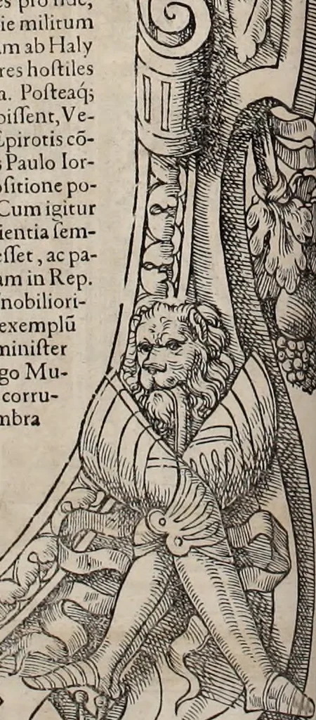An illustration from Augustissimorum imperatorum, serenissimorum regum, atque archiducum, illustrissimorum principum, necnon comitum, baronum, nobilium, aliorumq[ue] clarissimorum virorum, qui aut ipsi cum imperio bellorum duces fuerunt, aut in iisdem præfecturis insignioribus laudabiliter functi sunt, verissimæ imagines, & rerum ab ipsis domi, forisq[ue] gestarum succinctæ descriptiones. Quorum arma, aut integra, aut horum partes, quibus induti, vsique aduersus hostem heroica facinora patrarunt, aut quorum auspiciis tàm prospera quàm aduersa fortuna res magnæ gestæ sunt, à serenissimo principe Ferdinando, archiduce Austriæ, duce Burgundiæ, comte Habspurgi & Tyrolis &c. ex omnibus ferè orbis terrarum prouinciis partim conquista, partim ab illorum hæredibus & successoribus transmissa, in celebri Ambrosianæ arcis armamentario, à sua serenitate non procul ciutate Oenipontana extructo, conspiciuntur, 1601, leaf 59