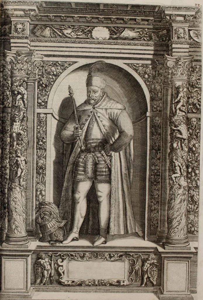 An illustration from Augustissimorum imperatorum, serenissimorum regum, atque archiducum, illustrissimorum principum, necnon comitum, baronum, nobilium, aliorumq[ue] clarissimorum virorum, qui aut ipsi cum imperio bellorum duces fuerunt, aut in iisdem præfecturis insignioribus laudabiliter functi sunt, verissimæ imagines, & rerum ab ipsis domi, forisq[ue] gestarum succinctæ descriptiones. Quorum arma, aut integra, aut horum partes, quibus induti, vsique aduersus hostem heroica facinora patrarunt, aut quorum auspiciis tàm prospera quàm aduersa fortuna res magnæ gestæ sunt, à serenissimo principe Ferdinando, archiduce Austriæ, duce Burgundiæ, comte Habspurgi & Tyrolis &c. ex omnibus ferè orbis terrarum prouinciis partim conquista, partim ab illorum hæredibus & successoribus transmissa, in celebri Ambrosianæ arcis armamentario, à sua serenitate non procul ciutate Oenipontana extructo, conspiciuntur, 1601, leaf 60