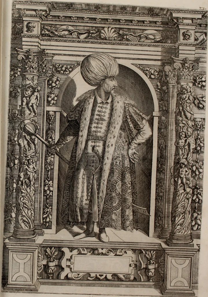 An illustration from Augustissimorum imperatorum, serenissimorum regum, atque archiducum, illustrissimorum principum, necnon comitum, baronum, nobilium, aliorumq[ue] clarissimorum virorum, qui aut ipsi cum imperio bellorum duces fuerunt, aut in iisdem præfecturis insignioribus laudabiliter functi sunt, verissimæ imagines, & rerum ab ipsis domi, forisq[ue] gestarum succinctæ descriptiones. Quorum arma, aut integra, aut horum partes, quibus induti, vsique aduersus hostem heroica facinora patrarunt, aut quorum auspiciis tàm prospera quàm aduersa fortuna res magnæ gestæ sunt, à serenissimo principe Ferdinando, archiduce Austriæ, duce Burgundiæ, comte Habspurgi & Tyrolis &c. ex omnibus ferè orbis terrarum prouinciis partim conquista, partim ab illorum hæredibus & successoribus transmissa, in celebri Ambrosianæ arcis armamentario, à sua serenitate non procul ciutate Oenipontana extructo, conspiciuntur, 1601, leaf 62