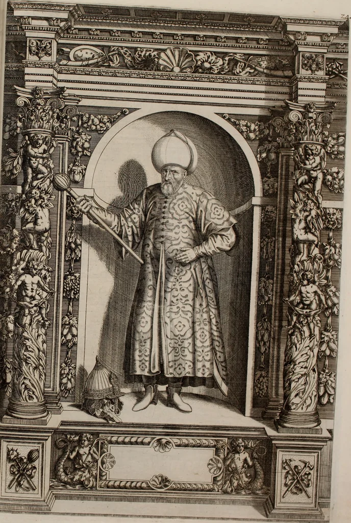 An illustration from Augustissimorum imperatorum, serenissimorum regum, atque archiducum, illustrissimorum principum, necnon comitum, baronum, nobilium, aliorumq[ue] clarissimorum virorum, qui aut ipsi cum imperio bellorum duces fuerunt, aut in iisdem præfecturis insignioribus laudabiliter functi sunt, verissimæ imagines, & rerum ab ipsis domi, forisq[ue] gestarum succinctæ descriptiones. Quorum arma, aut integra, aut horum partes, quibus induti, vsique aduersus hostem heroica facinora patrarunt, aut quorum auspiciis tàm prospera quàm aduersa fortuna res magnæ gestæ sunt, à serenissimo principe Ferdinando, archiduce Austriæ, duce Burgundiæ, comte Habspurgi & Tyrolis &c. ex omnibus ferè orbis terrarum prouinciis partim conquista, partim ab illorum hæredibus & successoribus transmissa, in celebri Ambrosianæ arcis armamentario, à sua serenitate non procul ciutate Oenipontana extructo, conspiciuntur, 1601, leaf 64