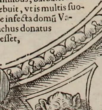 An illustration from Augustissimorum imperatorum, serenissimorum regum, atque archiducum, illustrissimorum principum, necnon comitum, baronum, nobilium, aliorumq[ue] clarissimorum virorum, qui aut ipsi cum imperio bellorum duces fuerunt, aut in iisdem præfecturis insignioribus laudabiliter functi sunt, verissimæ imagines, & rerum ab ipsis domi, forisq[ue] gestarum succinctæ descriptiones. Quorum arma, aut integra, aut horum partes, quibus induti, vsique aduersus hostem heroica facinora patrarunt, aut quorum auspiciis tàm prospera quàm aduersa fortuna res magnæ gestæ sunt, à serenissimo principe Ferdinando, archiduce Austriæ, duce Burgundiæ, comte Habspurgi & Tyrolis &c. ex omnibus ferè orbis terrarum prouinciis partim conquista, partim ab illorum hæredibus & successoribus transmissa, in celebri Ambrosianæ arcis armamentario, à sua serenitate non procul ciutate Oenipontana extructo, conspiciuntur, 1601, leaf 67