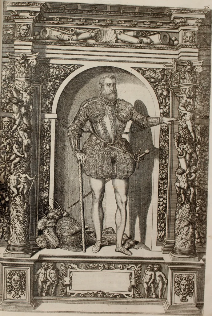 An illustration from Augustissimorum imperatorum, serenissimorum regum, atque archiducum, illustrissimorum principum, necnon comitum, baronum, nobilium, aliorumq[ue] clarissimorum virorum, qui aut ipsi cum imperio bellorum duces fuerunt, aut in iisdem præfecturis insignioribus laudabiliter functi sunt, verissimæ imagines, & rerum ab ipsis domi, forisq[ue] gestarum succinctæ descriptiones. Quorum arma, aut integra, aut horum partes, quibus induti, vsique aduersus hostem heroica facinora patrarunt, aut quorum auspiciis tàm prospera quàm aduersa fortuna res magnæ gestæ sunt, à serenissimo principe Ferdinando, archiduce Austriæ, duce Burgundiæ, comte Habspurgi & Tyrolis &c. ex omnibus ferè orbis terrarum prouinciis partim conquista, partim ab illorum hæredibus & successoribus transmissa, in celebri Ambrosianæ arcis armamentario, à sua serenitate non procul ciutate Oenipontana extructo, conspiciuntur, 1601, leaf 68
