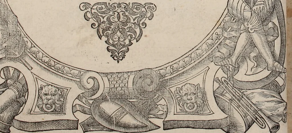 An illustration from Augustissimorum imperatorum, serenissimorum regum, atque archiducum, illustrissimorum principum, necnon comitum, baronum, nobilium, aliorumq[ue] clarissimorum virorum, qui aut ipsi cum imperio bellorum duces fuerunt, aut in iisdem præfecturis insignioribus laudabiliter functi sunt, verissimæ imagines, & rerum ab ipsis domi, forisq[ue] gestarum succinctæ descriptiones. Quorum arma, aut integra, aut horum partes, quibus induti, vsique aduersus hostem heroica facinora patrarunt, aut quorum auspiciis tàm prospera quàm aduersa fortuna res magnæ gestæ sunt, à serenissimo principe Ferdinando, archiduce Austriæ, duce Burgundiæ, comte Habspurgi & Tyrolis &c. ex omnibus ferè orbis terrarum prouinciis partim conquista, partim ab illorum hæredibus & successoribus transmissa, in celebri Ambrosianæ arcis armamentario, à sua serenitate non procul ciutate Oenipontana extructo, conspiciuntur, 1601, leaf 7