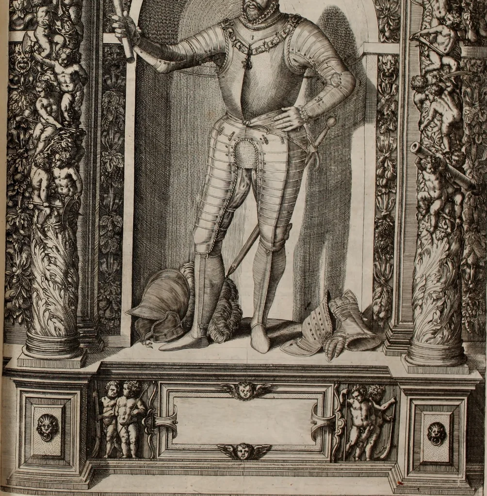 An illustration from Augustissimorum imperatorum, serenissimorum regum, atque archiducum, illustrissimorum principum, necnon comitum, baronum, nobilium, aliorumq[ue] clarissimorum virorum, qui aut ipsi cum imperio bellorum duces fuerunt, aut in iisdem præfecturis insignioribus laudabiliter functi sunt, verissimæ imagines, & rerum ab ipsis domi, forisq[ue] gestarum succinctæ descriptiones. Quorum arma, aut integra, aut horum partes, quibus induti, vsique aduersus hostem heroica facinora patrarunt, aut quorum auspiciis tàm prospera quàm aduersa fortuna res magnæ gestæ sunt, à serenissimo principe Ferdinando, archiduce Austriæ, duce Burgundiæ, comte Habspurgi & Tyrolis &c. ex omnibus ferè orbis terrarum prouinciis partim conquista, partim ab illorum hæredibus & successoribus transmissa, in celebri Ambrosianæ arcis armamentario, à sua serenitate non procul ciutate Oenipontana extructo, conspiciuntur, 1601, leaf 70