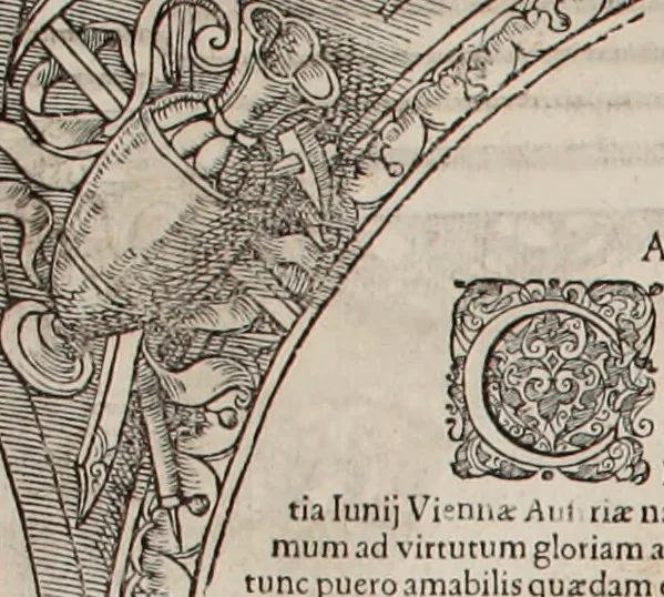 An illustration from Augustissimorum imperatorum, serenissimorum regum, atque archiducum, illustrissimorum principum, necnon comitum, baronum, nobilium, aliorumq[ue] clarissimorum virorum, qui aut ipsi cum imperio bellorum duces fuerunt, aut in iisdem præfecturis insignioribus laudabiliter functi sunt, verissimæ imagines, & rerum ab ipsis domi, forisq[ue] gestarum succinctæ descriptiones. Quorum arma, aut integra, aut horum partes, quibus induti, vsique aduersus hostem heroica facinora patrarunt, aut quorum auspiciis tàm prospera quàm aduersa fortuna res magnæ gestæ sunt, à serenissimo principe Ferdinando, archiduce Austriæ, duce Burgundiæ, comte Habspurgi & Tyrolis &c. ex omnibus ferè orbis terrarum prouinciis partim conquista, partim ab illorum hæredibus & successoribus transmissa, in celebri Ambrosianæ arcis armamentario, à sua serenitate non procul ciutate Oenipontana extructo, conspiciuntur, 1601, leaf 71