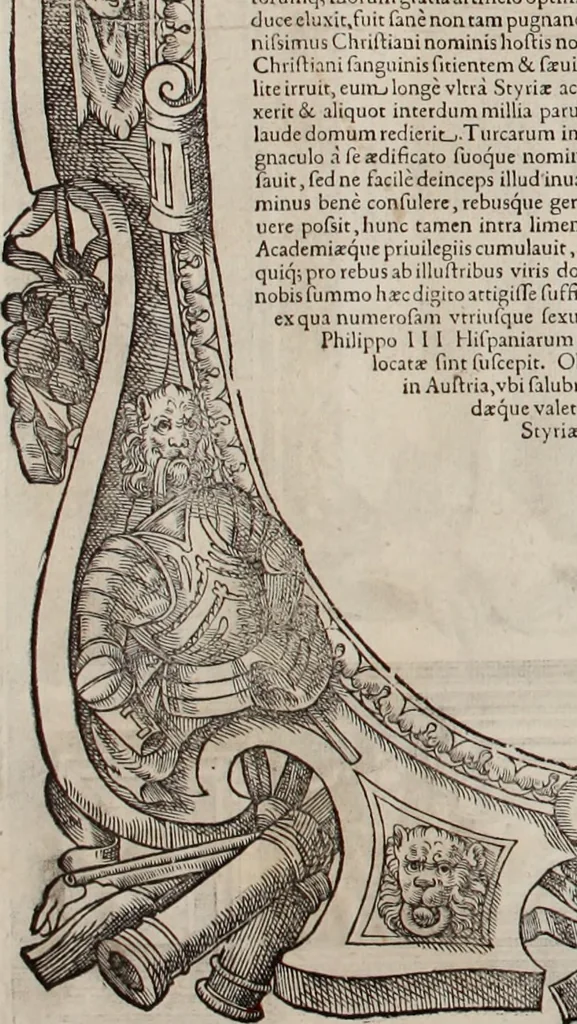 An illustration from Augustissimorum imperatorum, serenissimorum regum, atque archiducum, illustrissimorum principum, necnon comitum, baronum, nobilium, aliorumq[ue] clarissimorum virorum, qui aut ipsi cum imperio bellorum duces fuerunt, aut in iisdem præfecturis insignioribus laudabiliter functi sunt, verissimæ imagines, & rerum ab ipsis domi, forisq[ue] gestarum succinctæ descriptiones. Quorum arma, aut integra, aut horum partes, quibus induti, vsique aduersus hostem heroica facinora patrarunt, aut quorum auspiciis tàm prospera quàm aduersa fortuna res magnæ gestæ sunt, à serenissimo principe Ferdinando, archiduce Austriæ, duce Burgundiæ, comte Habspurgi & Tyrolis &c. ex omnibus ferè orbis terrarum prouinciis partim conquista, partim ab illorum hæredibus & successoribus transmissa, in celebri Ambrosianæ arcis armamentario, à sua serenitate non procul ciutate Oenipontana extructo, conspiciuntur, 1601, leaf 71