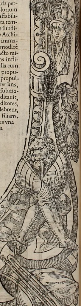 An illustration from Augustissimorum imperatorum, serenissimorum regum, atque archiducum, illustrissimorum principum, necnon comitum, baronum, nobilium, aliorumq[ue] clarissimorum virorum, qui aut ipsi cum imperio bellorum duces fuerunt, aut in iisdem præfecturis insignioribus laudabiliter functi sunt, verissimæ imagines, & rerum ab ipsis domi, forisq[ue] gestarum succinctæ descriptiones. Quorum arma, aut integra, aut horum partes, quibus induti, vsique aduersus hostem heroica facinora patrarunt, aut quorum auspiciis tàm prospera quàm aduersa fortuna res magnæ gestæ sunt, à serenissimo principe Ferdinando, archiduce Austriæ, duce Burgundiæ, comte Habspurgi & Tyrolis &c. ex omnibus ferè orbis terrarum prouinciis partim conquista, partim ab illorum hæredibus & successoribus transmissa, in celebri Ambrosianæ arcis armamentario, à sua serenitate non procul ciutate Oenipontana extructo, conspiciuntur, 1601, leaf 71