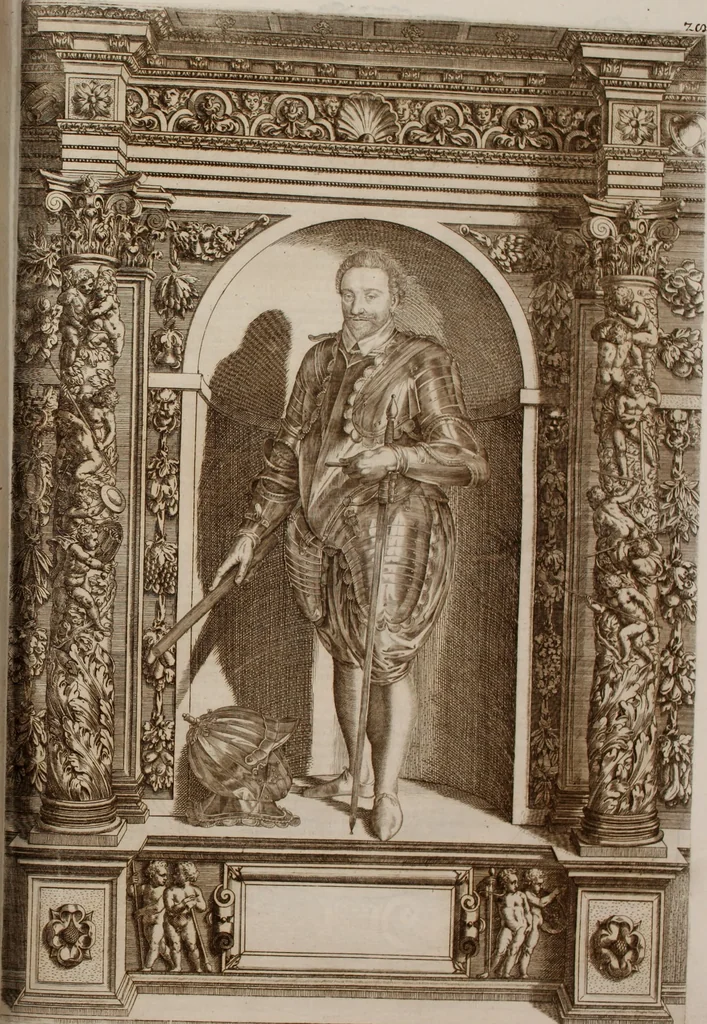 An illustration from Augustissimorum imperatorum, serenissimorum regum, atque archiducum, illustrissimorum principum, necnon comitum, baronum, nobilium, aliorumq[ue] clarissimorum virorum, qui aut ipsi cum imperio bellorum duces fuerunt, aut in iisdem præfecturis insignioribus laudabiliter functi sunt, verissimæ imagines, & rerum ab ipsis domi, forisq[ue] gestarum succinctæ descriptiones. Quorum arma, aut integra, aut horum partes, quibus induti, vsique aduersus hostem heroica facinora patrarunt, aut quorum auspiciis tàm prospera quàm aduersa fortuna res magnæ gestæ sunt, à serenissimo principe Ferdinando, archiduce Austriæ, duce Burgundiæ, comte Habspurgi & Tyrolis &c. ex omnibus ferè orbis terrarum prouinciis partim conquista, partim ab illorum hæredibus & successoribus transmissa, in celebri Ambrosianæ arcis armamentario, à sua serenitate non procul ciutate Oenipontana extructo, conspiciuntur, 1601, leaf 72
