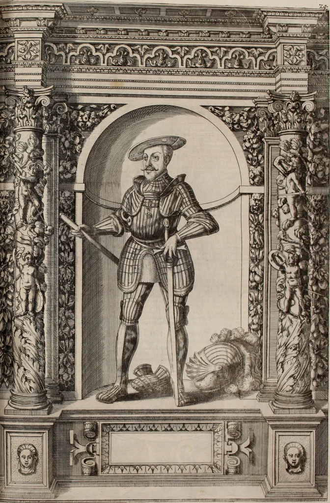 An illustration from Augustissimorum imperatorum, serenissimorum regum, atque archiducum, illustrissimorum principum, necnon comitum, baronum, nobilium, aliorumq[ue] clarissimorum virorum, qui aut ipsi cum imperio bellorum duces fuerunt, aut in iisdem præfecturis insignioribus laudabiliter functi sunt, verissimæ imagines, & rerum ab ipsis domi, forisq[ue] gestarum succinctæ descriptiones. Quorum arma, aut integra, aut horum partes, quibus induti, vsique aduersus hostem heroica facinora patrarunt, aut quorum auspiciis tàm prospera quàm aduersa fortuna res magnæ gestæ sunt, à serenissimo principe Ferdinando, archiduce Austriæ, duce Burgundiæ, comte Habspurgi & Tyrolis &c. ex omnibus ferè orbis terrarum prouinciis partim conquista, partim ab illorum hæredibus & successoribus transmissa, in celebri Ambrosianæ arcis armamentario, à sua serenitate non procul ciutate Oenipontana extructo, conspiciuntur, 1601, leaf 74