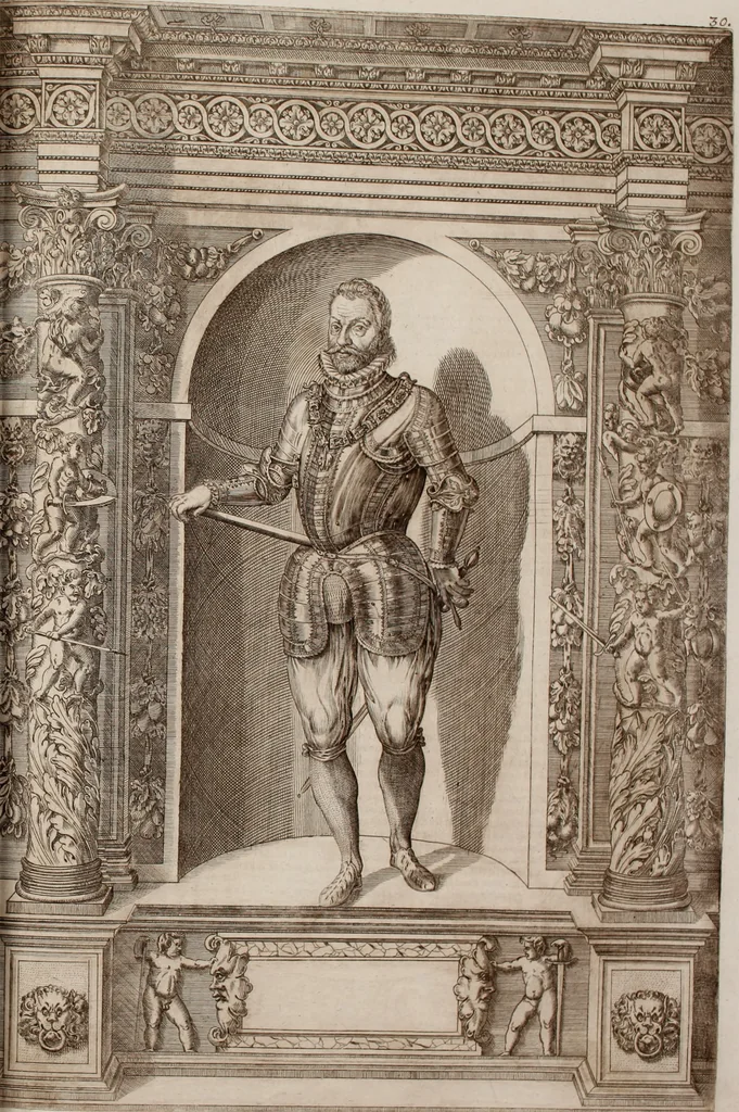An illustration from Augustissimorum imperatorum, serenissimorum regum, atque archiducum, illustrissimorum principum, necnon comitum, baronum, nobilium, aliorumq[ue] clarissimorum virorum, qui aut ipsi cum imperio bellorum duces fuerunt, aut in iisdem præfecturis insignioribus laudabiliter functi sunt, verissimæ imagines, & rerum ab ipsis domi, forisq[ue] gestarum succinctæ descriptiones. Quorum arma, aut integra, aut horum partes, quibus induti, vsique aduersus hostem heroica facinora patrarunt, aut quorum auspiciis tàm prospera quàm aduersa fortuna res magnæ gestæ sunt, à serenissimo principe Ferdinando, archiduce Austriæ, duce Burgundiæ, comte Habspurgi & Tyrolis &c. ex omnibus ferè orbis terrarum prouinciis partim conquista, partim ab illorum hæredibus & successoribus transmissa, in celebri Ambrosianæ arcis armamentario, à sua serenitate non procul ciutate Oenipontana extructo, conspiciuntur, 1601, leaf 76