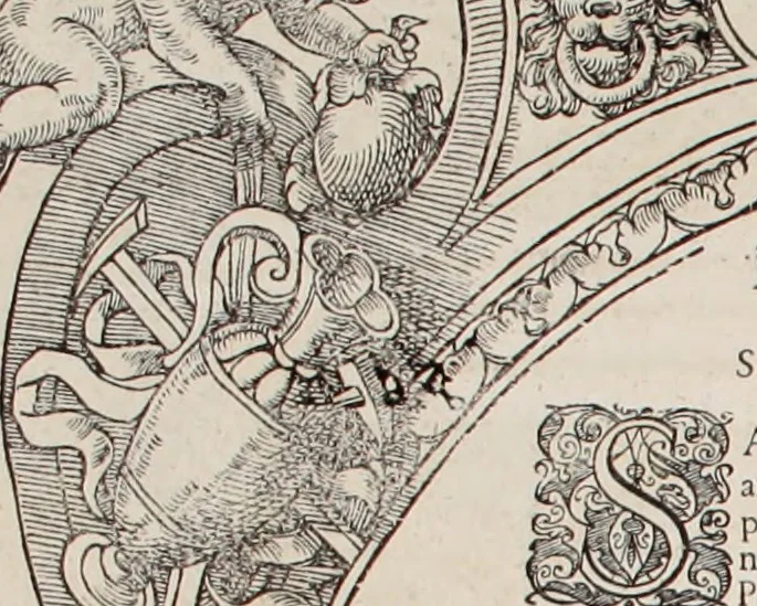 An illustration from Augustissimorum imperatorum, serenissimorum regum, atque archiducum, illustrissimorum principum, necnon comitum, baronum, nobilium, aliorumq[ue] clarissimorum virorum, qui aut ipsi cum imperio bellorum duces fuerunt, aut in iisdem præfecturis insignioribus laudabiliter functi sunt, verissimæ imagines, & rerum ab ipsis domi, forisq[ue] gestarum succinctæ descriptiones. Quorum arma, aut integra, aut horum partes, quibus induti, vsique aduersus hostem heroica facinora patrarunt, aut quorum auspiciis tàm prospera quàm aduersa fortuna res magnæ gestæ sunt, à serenissimo principe Ferdinando, archiduce Austriæ, duce Burgundiæ, comte Habspurgi & Tyrolis &c. ex omnibus ferè orbis terrarum prouinciis partim conquista, partim ab illorum hæredibus & successoribus transmissa, in celebri Ambrosianæ arcis armamentario, à sua serenitate non procul ciutate Oenipontana extructo, conspiciuntur, 1601, leaf 77