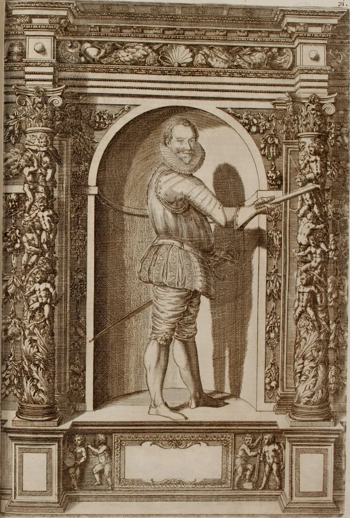 An illustration from Augustissimorum imperatorum, serenissimorum regum, atque archiducum, illustrissimorum principum, necnon comitum, baronum, nobilium, aliorumq[ue] clarissimorum virorum, qui aut ipsi cum imperio bellorum duces fuerunt, aut in iisdem præfecturis insignioribus laudabiliter functi sunt, verissimæ imagines, & rerum ab ipsis domi, forisq[ue] gestarum succinctæ descriptiones. Quorum arma, aut integra, aut horum partes, quibus induti, vsique aduersus hostem heroica facinora patrarunt, aut quorum auspiciis tàm prospera quàm aduersa fortuna res magnæ gestæ sunt, à serenissimo principe Ferdinando, archiduce Austriæ, duce Burgundiæ, comte Habspurgi & Tyrolis &c. ex omnibus ferè orbis terrarum prouinciis partim conquista, partim ab illorum hæredibus & successoribus transmissa, in celebri Ambrosianæ arcis armamentario, à sua serenitate non procul ciutate Oenipontana extructo, conspiciuntur, 1601, leaf 78
