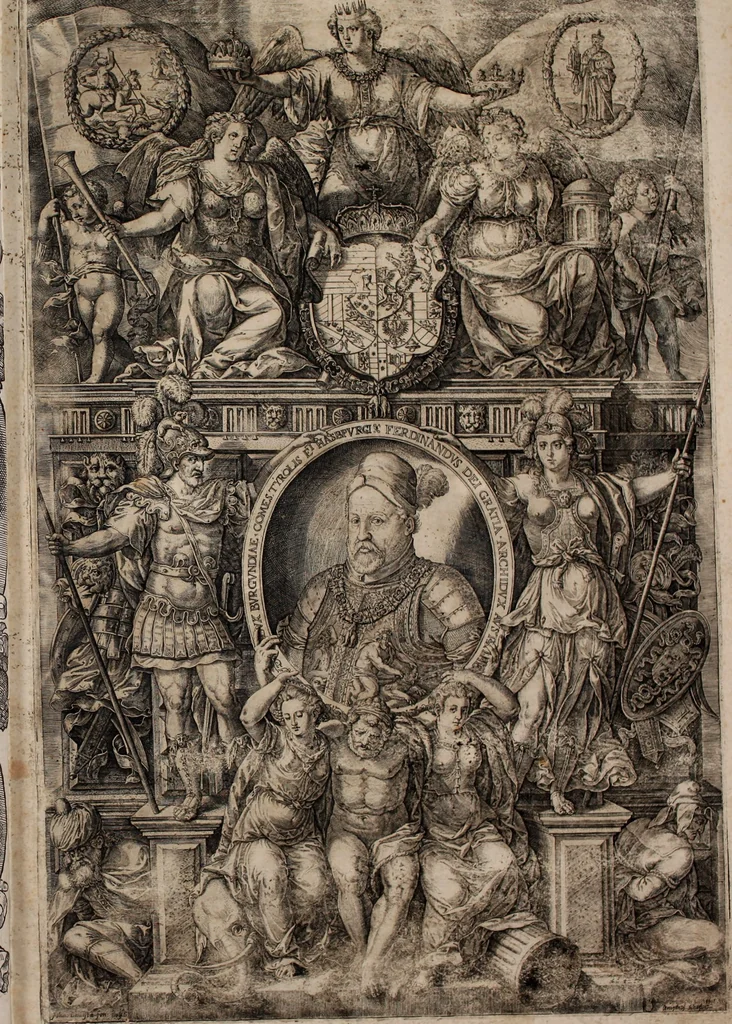 An illustration from Augustissimorum imperatorum, serenissimorum regum, atque archiducum, illustrissimorum principum, necnon comitum, baronum, nobilium, aliorumq[ue] clarissimorum virorum, qui aut ipsi cum imperio bellorum duces fuerunt, aut in iisdem præfecturis insignioribus laudabiliter functi sunt, verissimæ imagines, & rerum ab ipsis domi, forisq[ue] gestarum succinctæ descriptiones. Quorum arma, aut integra, aut horum partes, quibus induti, vsique aduersus hostem heroica facinora patrarunt, aut quorum auspiciis tàm prospera quàm aduersa fortuna res magnæ gestæ sunt, à serenissimo principe Ferdinando, archiduce Austriæ, duce Burgundiæ, comte Habspurgi & Tyrolis &c. ex omnibus ferè orbis terrarum prouinciis partim conquista, partim ab illorum hæredibus & successoribus transmissa, in celebri Ambrosianæ arcis armamentario, à sua serenitate non procul ciutate Oenipontana extructo, conspiciuntur, 1601, leaf 8