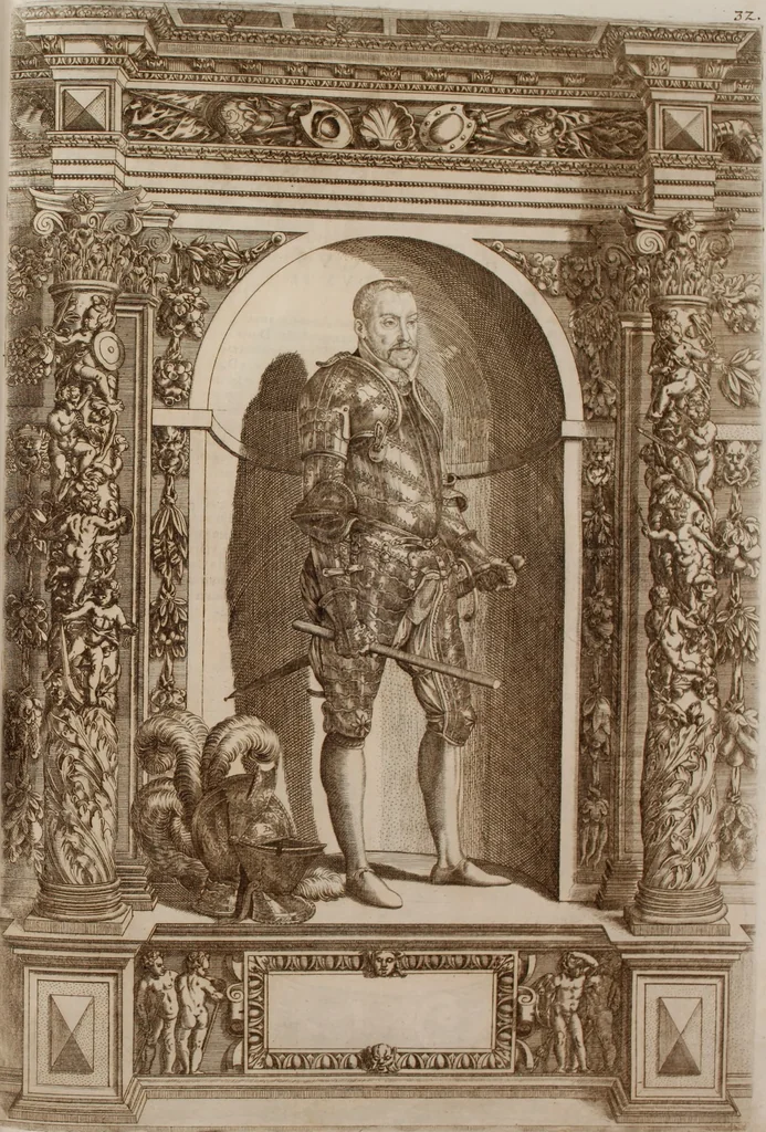 An illustration from Augustissimorum imperatorum, serenissimorum regum, atque archiducum, illustrissimorum principum, necnon comitum, baronum, nobilium, aliorumq[ue] clarissimorum virorum, qui aut ipsi cum imperio bellorum duces fuerunt, aut in iisdem præfecturis insignioribus laudabiliter functi sunt, verissimæ imagines, & rerum ab ipsis domi, forisq[ue] gestarum succinctæ descriptiones. Quorum arma, aut integra, aut horum partes, quibus induti, vsique aduersus hostem heroica facinora patrarunt, aut quorum auspiciis tàm prospera quàm aduersa fortuna res magnæ gestæ sunt, à serenissimo principe Ferdinando, archiduce Austriæ, duce Burgundiæ, comte Habspurgi & Tyrolis &c. ex omnibus ferè orbis terrarum prouinciis partim conquista, partim ab illorum hæredibus & successoribus transmissa, in celebri Ambrosianæ arcis armamentario, à sua serenitate non procul ciutate Oenipontana extructo, conspiciuntur, 1601, leaf 80