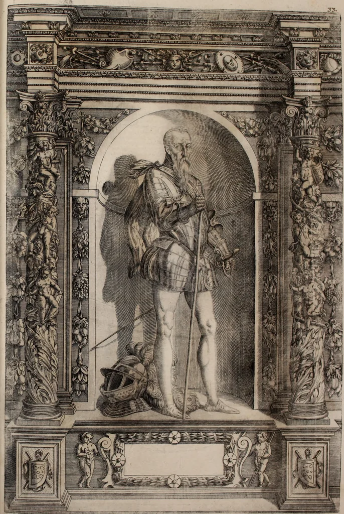 An illustration from Augustissimorum imperatorum, serenissimorum regum, atque archiducum, illustrissimorum principum, necnon comitum, baronum, nobilium, aliorumq[ue] clarissimorum virorum, qui aut ipsi cum imperio bellorum duces fuerunt, aut in iisdem præfecturis insignioribus laudabiliter functi sunt, verissimæ imagines, & rerum ab ipsis domi, forisq[ue] gestarum succinctæ descriptiones. Quorum arma, aut integra, aut horum partes, quibus induti, vsique aduersus hostem heroica facinora patrarunt, aut quorum auspiciis tàm prospera quàm aduersa fortuna res magnæ gestæ sunt, à serenissimo principe Ferdinando, archiduce Austriæ, duce Burgundiæ, comte Habspurgi & Tyrolis &c. ex omnibus ferè orbis terrarum prouinciis partim conquista, partim ab illorum hæredibus & successoribus transmissa, in celebri Ambrosianæ arcis armamentario, à sua serenitate non procul ciutate Oenipontana extructo, conspiciuntur, 1601, leaf 82