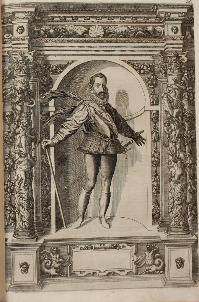 An illustration from Augustissimorum imperatorum, serenissimorum regum, atque archiducum, illustrissimorum principum, necnon comitum, baronum, nobilium, aliorumq[ue] clarissimorum virorum, qui aut ipsi cum imperio bellorum duces fuerunt, aut in iisdem præfecturis insignioribus laudabiliter functi sunt, verissimæ imagines, & rerum ab ipsis domi, forisq[ue] gestarum succinctæ descriptiones. Quorum arma, aut integra, aut horum partes, quibus induti, vsique aduersus hostem heroica facinora patrarunt, aut quorum auspiciis tàm prospera quàm aduersa fortuna res magnæ gestæ sunt, à serenissimo principe Ferdinando, archiduce Austriæ, duce Burgundiæ, comte Habspurgi & Tyrolis &c. ex omnibus ferè orbis terrarum prouinciis partim conquista, partim ab illorum hæredibus & successoribus transmissa, in celebri Ambrosianæ arcis armamentario, à sua serenitate non procul ciutate Oenipontana extructo, conspiciuntur, 1601, leaf 86