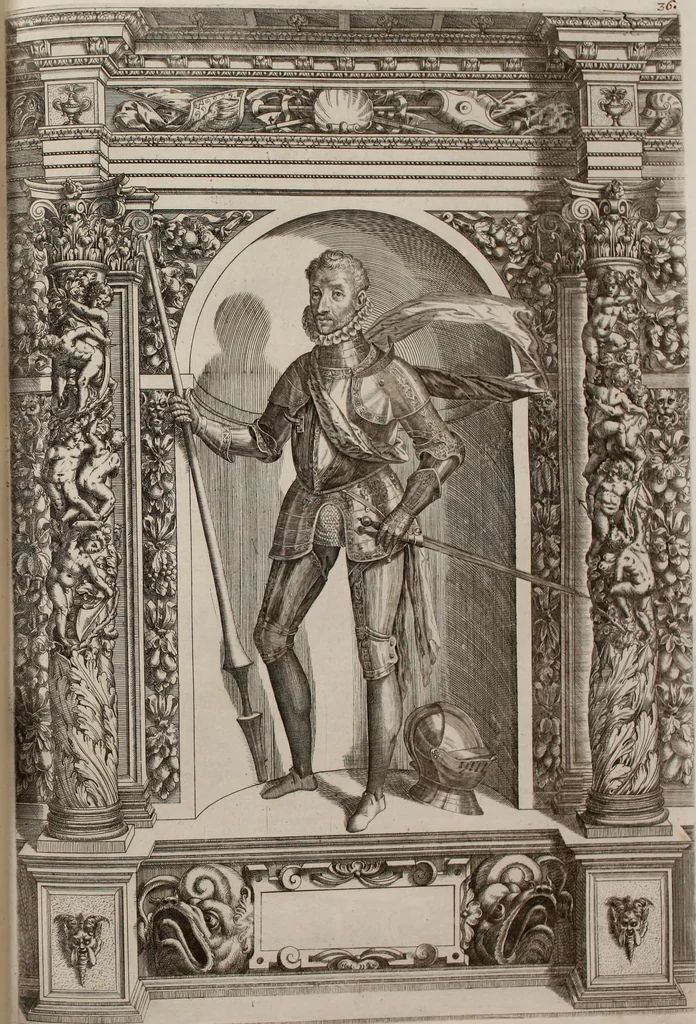 An illustration from Augustissimorum imperatorum, serenissimorum regum, atque archiducum, illustrissimorum principum, necnon comitum, baronum, nobilium, aliorumq[ue] clarissimorum virorum, qui aut ipsi cum imperio bellorum duces fuerunt, aut in iisdem præfecturis insignioribus laudabiliter functi sunt, verissimæ imagines, & rerum ab ipsis domi, forisq[ue] gestarum succinctæ descriptiones. Quorum arma, aut integra, aut horum partes, quibus induti, vsique aduersus hostem heroica facinora patrarunt, aut quorum auspiciis tàm prospera quàm aduersa fortuna res magnæ gestæ sunt, à serenissimo principe Ferdinando, archiduce Austriæ, duce Burgundiæ, comte Habspurgi & Tyrolis &c. ex omnibus ferè orbis terrarum prouinciis partim conquista, partim ab illorum hæredibus & successoribus transmissa, in celebri Ambrosianæ arcis armamentario, à sua serenitate non procul ciutate Oenipontana extructo, conspiciuntur, 1601, leaf 88