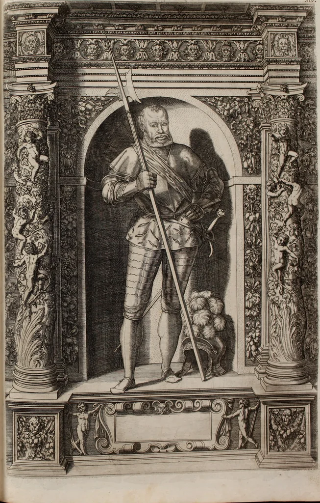 An illustration from Augustissimorum imperatorum, serenissimorum regum, atque archiducum, illustrissimorum principum, necnon comitum, baronum, nobilium, aliorumq[ue] clarissimorum virorum, qui aut ipsi cum imperio bellorum duces fuerunt, aut in iisdem præfecturis insignioribus laudabiliter functi sunt, verissimæ imagines, & rerum ab ipsis domi, forisq[ue] gestarum succinctæ descriptiones. Quorum arma, aut integra, aut horum partes, quibus induti, vsique aduersus hostem heroica facinora patrarunt, aut quorum auspiciis tàm prospera quàm aduersa fortuna res magnæ gestæ sunt, à serenissimo principe Ferdinando, archiduce Austriæ, duce Burgundiæ, comte Habspurgi & Tyrolis &c. ex omnibus ferè orbis terrarum prouinciis partim conquista, partim ab illorum hæredibus & successoribus transmissa, in celebri Ambrosianæ arcis armamentario, à sua serenitate non procul ciutate Oenipontana extructo, conspiciuntur, 1601, leaf 90