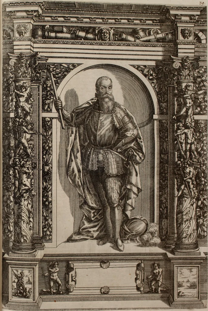 An illustration from Augustissimorum imperatorum, serenissimorum regum, atque archiducum, illustrissimorum principum, necnon comitum, baronum, nobilium, aliorumq[ue] clarissimorum virorum, qui aut ipsi cum imperio bellorum duces fuerunt, aut in iisdem præfecturis insignioribus laudabiliter functi sunt, verissimæ imagines, & rerum ab ipsis domi, forisq[ue] gestarum succinctæ descriptiones. Quorum arma, aut integra, aut horum partes, quibus induti, vsique aduersus hostem heroica facinora patrarunt, aut quorum auspiciis tàm prospera quàm aduersa fortuna res magnæ gestæ sunt, à serenissimo principe Ferdinando, archiduce Austriæ, duce Burgundiæ, comte Habspurgi & Tyrolis &c. ex omnibus ferè orbis terrarum prouinciis partim conquista, partim ab illorum hæredibus & successoribus transmissa, in celebri Ambrosianæ arcis armamentario, à sua serenitate non procul ciutate Oenipontana extructo, conspiciuntur, 1601, leaf 92