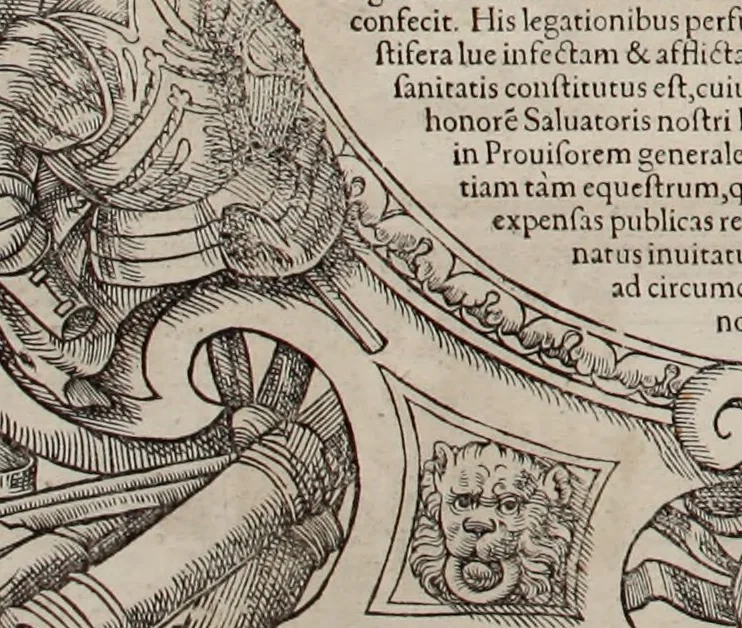 An illustration from Augustissimorum imperatorum, serenissimorum regum, atque archiducum, illustrissimorum principum, necnon comitum, baronum, nobilium, aliorumq[ue] clarissimorum virorum, qui aut ipsi cum imperio bellorum duces fuerunt, aut in iisdem præfecturis insignioribus laudabiliter functi sunt, verissimæ imagines, & rerum ab ipsis domi, forisq[ue] gestarum succinctæ descriptiones. Quorum arma, aut integra, aut horum partes, quibus induti, vsique aduersus hostem heroica facinora patrarunt, aut quorum auspiciis tàm prospera quàm aduersa fortuna res magnæ gestæ sunt, à serenissimo principe Ferdinando, archiduce Austriæ, duce Burgundiæ, comte Habspurgi & Tyrolis &c. ex omnibus ferè orbis terrarum prouinciis partim conquista, partim ab illorum hæredibus & successoribus transmissa, in celebri Ambrosianæ arcis armamentario, à sua serenitate non procul ciutate Oenipontana extructo, conspiciuntur, 1601, leaf 93