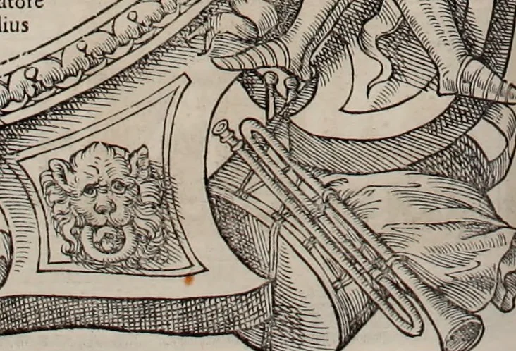 An illustration from Augustissimorum imperatorum, serenissimorum regum, atque archiducum, illustrissimorum principum, necnon comitum, baronum, nobilium, aliorumq[ue] clarissimorum virorum, qui aut ipsi cum imperio bellorum duces fuerunt, aut in iisdem præfecturis insignioribus laudabiliter functi sunt, verissimæ imagines, & rerum ab ipsis domi, forisq[ue] gestarum succinctæ descriptiones. Quorum arma, aut integra, aut horum partes, quibus induti, vsique aduersus hostem heroica facinora patrarunt, aut quorum auspiciis tàm prospera quàm aduersa fortuna res magnæ gestæ sunt, à serenissimo principe Ferdinando, archiduce Austriæ, duce Burgundiæ, comte Habspurgi & Tyrolis &c. ex omnibus ferè orbis terrarum prouinciis partim conquista, partim ab illorum hæredibus & successoribus transmissa, in celebri Ambrosianæ arcis armamentario, à sua serenitate non procul ciutate Oenipontana extructo, conspiciuntur, 1601, leaf 93